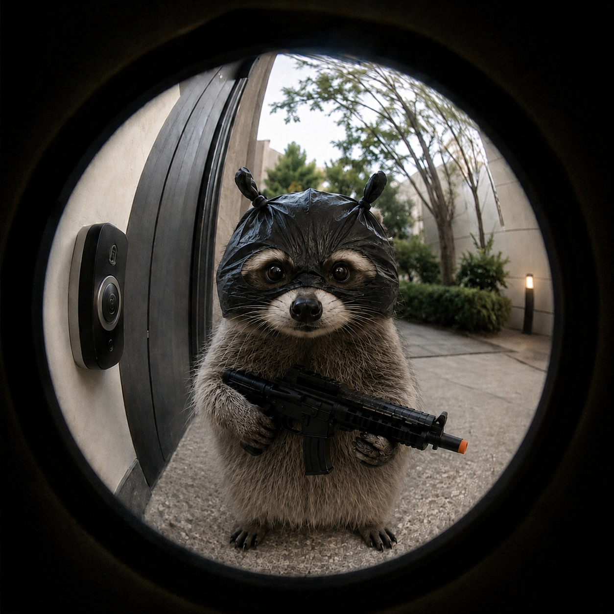 Masked KNOCKR character looking through a fisheye door viewer